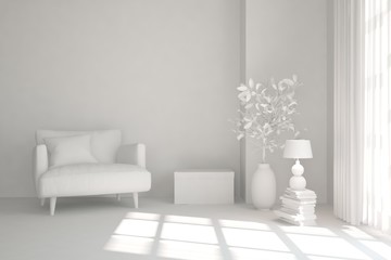 Mock up of stylish room in white color with armchair. Scandinavian interior design. 3D illustration