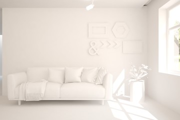 Mock up of stylish room in white color with sofa. Scandinavian interior design. 3D illustration