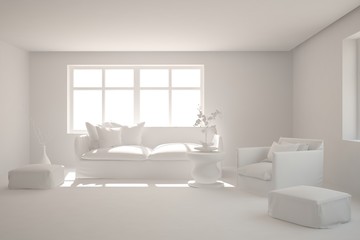 Mock up of stylish room in white color with sofa. Scandinavian interior design. 3D illustration