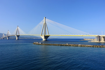 Famous modern anti seismic cable bridge of Rio Antirio Harilaos Trikoupis that connects Peloponnese to mainland Greece