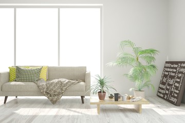Stylish room in white color with sofa. Scandinavian interior design. 3D illustration