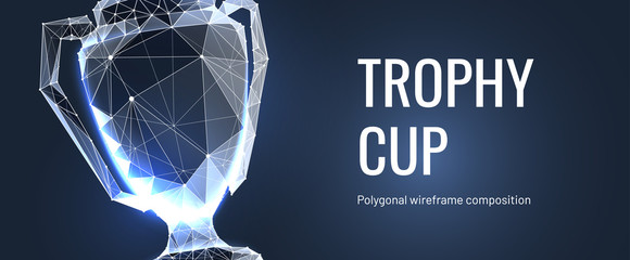 Realistic winner trophy. Polygonal wireframe composition. Concept of gold award for champion. Polygonal abstract isolated on blue background.Particles are connected in a geometric silhouette. Vector