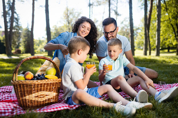Fototapeta premium Cheerful happy family picnicking on a beautiful day