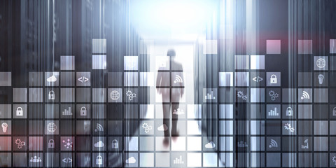 Digital abstract background pixelated icons blurred modern server room. Technology telecommunication Iot internet of thing concept.