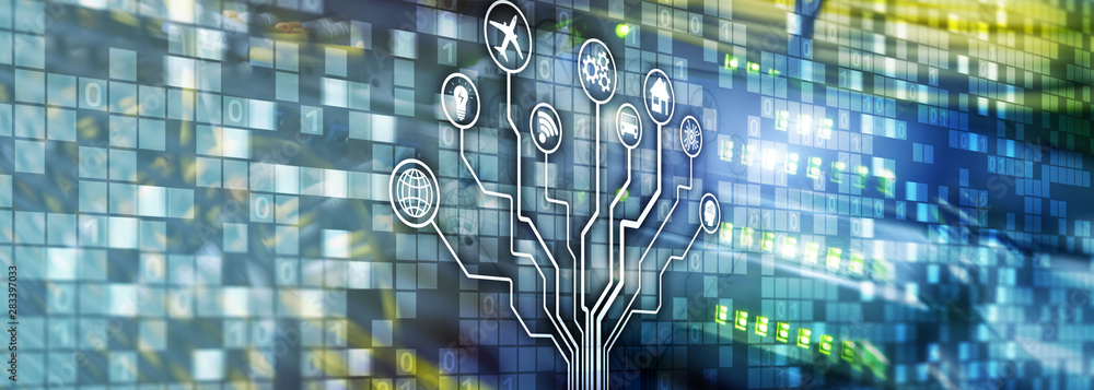 Poster smart server concept. iot internet of things. ict information communication technology. diagrams wit