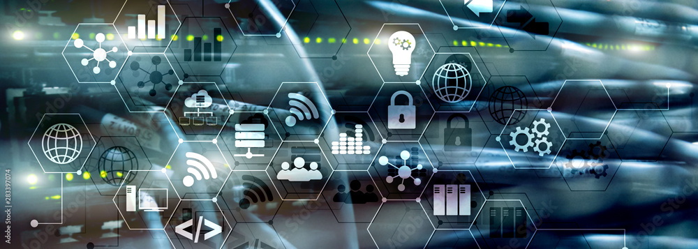 Poster ict - information and telecommunication technology and iot - internet of things concepts. diagrams w