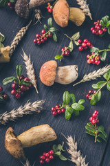Vertical Pattern wild porcini mushrooms, wild berries and wheat on a dark wooden background. Top view