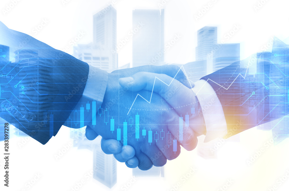 Canvas Prints double exposure image of investor business man handshake with partner with digital network link conn