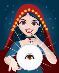 Fortune teller psychic woman using magic crystal ball with all seeing eye inside