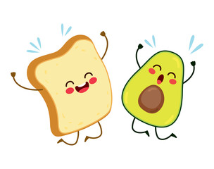 Cute best friends toast and avocado characters jumping happy - obrazy, fototapety, plakaty