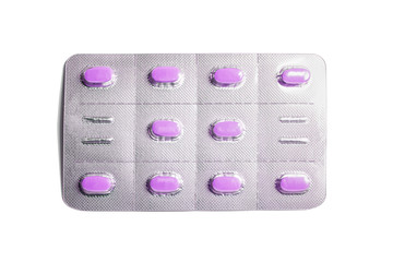 Blister pack full of pink pills isolated on a white background. Full pills package. Pharmaceutical...