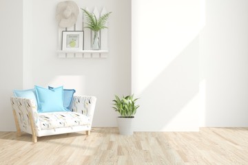 Stylish room in white color with armchair. Scandinavian interior design. 3D illustration