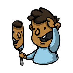 A young handsome guy looks in the mirror and shows off in front of him.