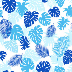 Blue tropical leaves over white background seamless vector illustration