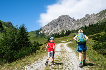 Fototapeta premium Hiking in the alpine Valley of Brandnertal, Vorarlberg, Austria, Europe