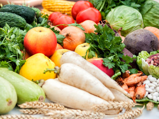 Many different vegetables lie on the table.