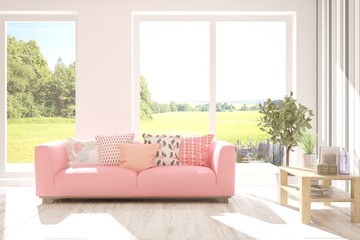 Stylish room in white color with sofa and summer landscape in window. Scandinavian interior design. 3D illustration