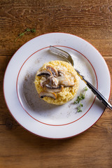 Healthy vegetarian dish: couscous with creamy mushroom sauce. Couscous with topping. View from above, top studio shot