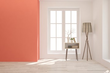 Empty room in coral color. Scandinavian interior design. 3D illustration