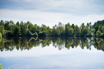 Fototapeta na wymiar Beautiful wild forest lake in summer sunny day