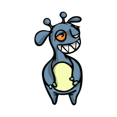 Beautiful cheerful and cute cartoon monsters with big teeth of blue color.