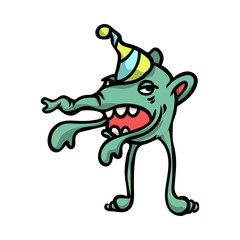 Beautiful cheerful and cute cartoon monsters with a cap on his head.
