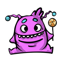 Beautiful cheerful and cute cartoon monsters with a candy in hand and a kind smile.