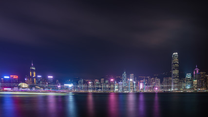 Fototapeta na wymiar Hong Kong Commercial Building With Victoria's Harbour At Night On October 8, 2019