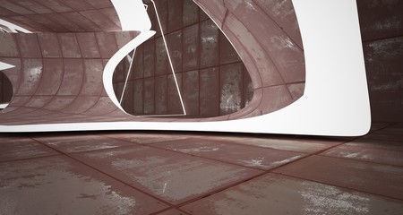 Abstract smooth room interior of sheets rusted metal . Architectural background. 3D illustration and rendering