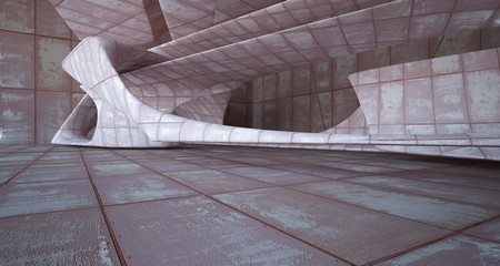 Empty smooth abstract room interior of sheets rusted metal. Architectural background. 3D illustration and rendering