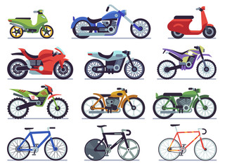 Motorcycle set. Motorbike and scooter, sport bike and chopper. Motocross race and delivery vehicles side view isolated vector flat set