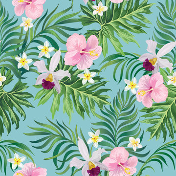 Tropical vector seamless background. Jungle pattern with flowers, monstera and palm leaves. Seamless botanical print for textile, print, fabric. Classic background. © Logunova Elena