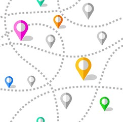 Map, routes, beacons, seamless pattern, color, white, vector. Colored beacons on a white field. Gray dotted route.  