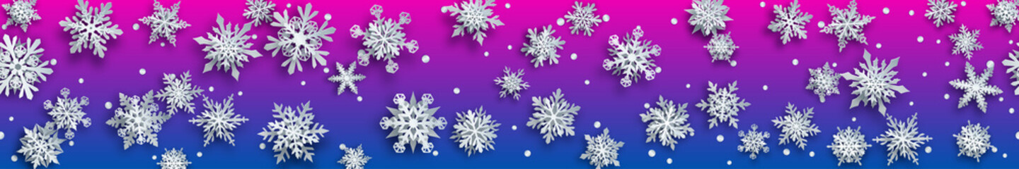 Naklejka na ściany i meble Christmas banner of white complex paper snowflakes with soft shadows on blue and purple background. With horizontal repetition