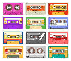 Cassettes. Different color music tape retro audio cassette. Old school 90s record technology vintage media device. Vector set
