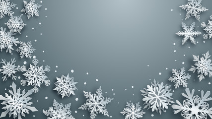Fototapeta na wymiar Christmas illustration of white complex paper snowflakes with soft shadows on gray background