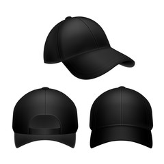 Black baseball cap. Empty hat mockup, headwear caps in back, front and side view. Corporate uniform clothes cap. Realistic vector set