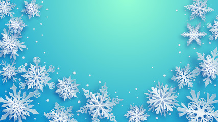 Christmas illustration of white complex paper snowflakes with soft shadows on turquoise and light blue background