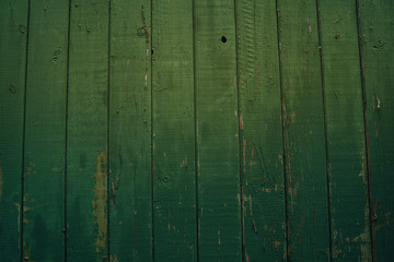 Background of green flaky wood. Backdrop of green colored wooden panels with aged flaky surface
