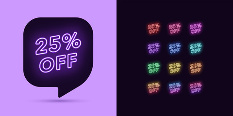 Neon Discount Tag, 25 Percentage Off. Offer Sale