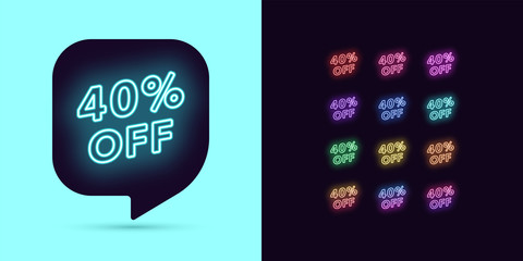 Neon Discount Tag, 40 Percentage Off. Offer Sale