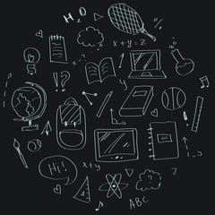 Set of hand-drawn items on a blackboard backgroung filled in a round shape. Back to school in a doodle style.
