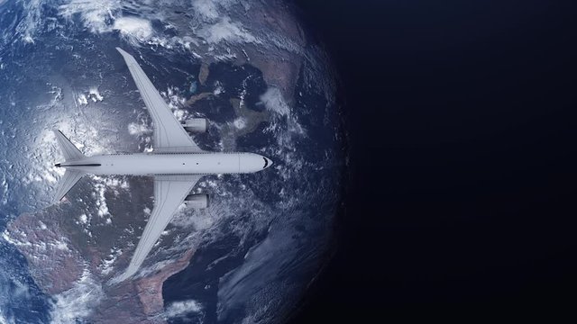 Travel concept of airplane flying around earth. View from space