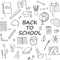 Set of outline hand-drawn items. Back to school in a doodle style.