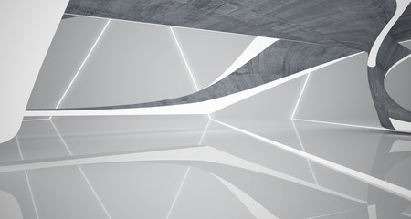 Abstract smooth  concrete and white  interior with neon lighting. 3D illustration and rendering.