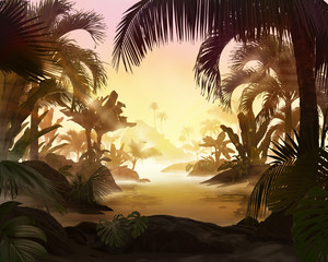 Beautiful beach lagoon view with palm trees and tropical leaves, can be used as background