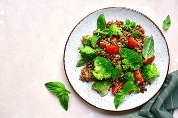 Buckwheat salad with vegetables.Top view with copy space.