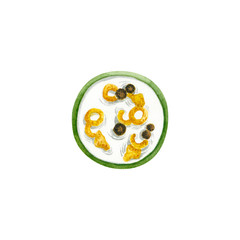 Watercolor breakfast cereals in bowl. Illustration isolated on white. Hand drawn flakes in milk ingredients perfect for kitchen design, poster, label, logo, postcard, wallpaper, icon, highlight covers