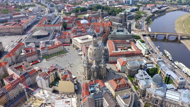 View on the main city square with famous church of Our Lady  in Dresden city, Germany.