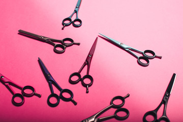  Set of hairdressing scissors. Woman tools. Set. Background. 